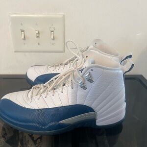 White and Blue Jordan 12 Sneakers